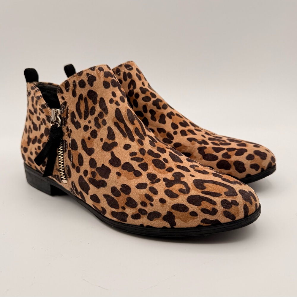 Dr. Scholl’s Leopard Print Ankle Booties Faux Suede Side Zip Low Heel Shoes